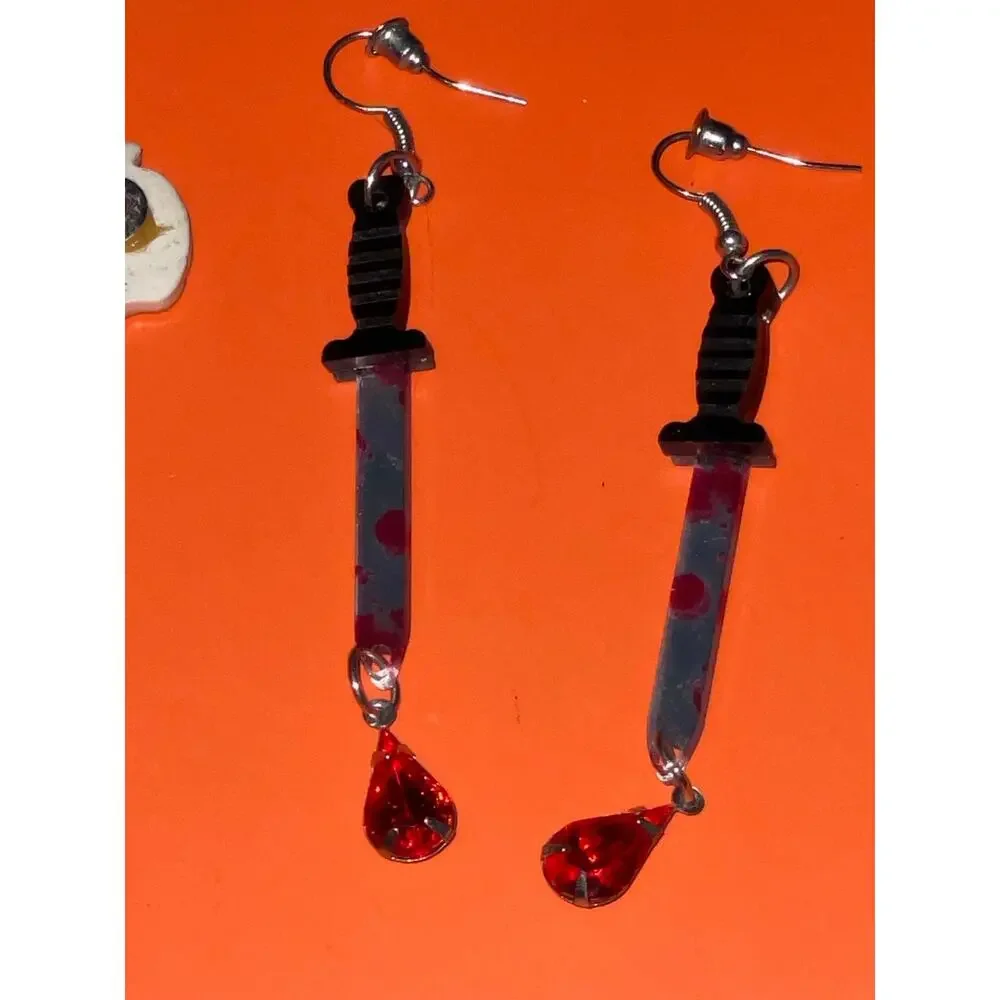 Halloween Costume Jewelry Lot Pumpkin Skull Bat Knife Witch Earrings Necklace